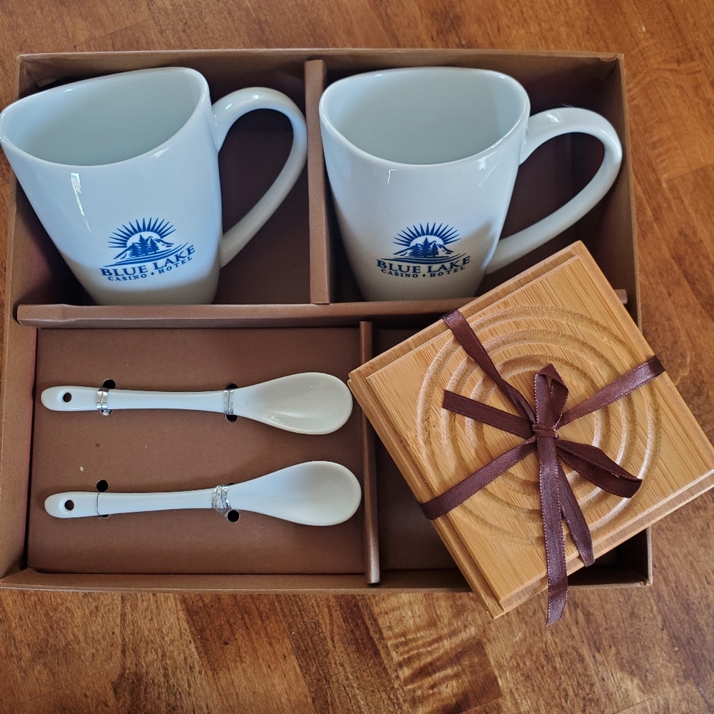 Blue Lake Casino White Mug, Coaster and Spoon Set
